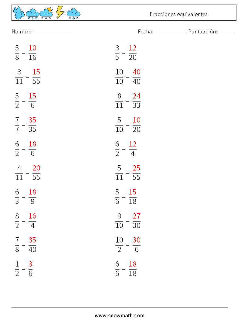 (20) Fracciones equivalentes Hojas de trabajo de matemáticas 7 Pregunta, respuesta