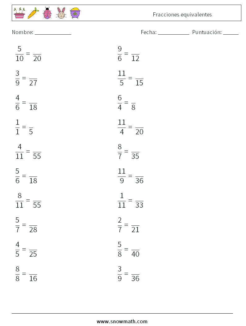 (20) Fracciones equivalentes Hojas de trabajo de matemáticas 8