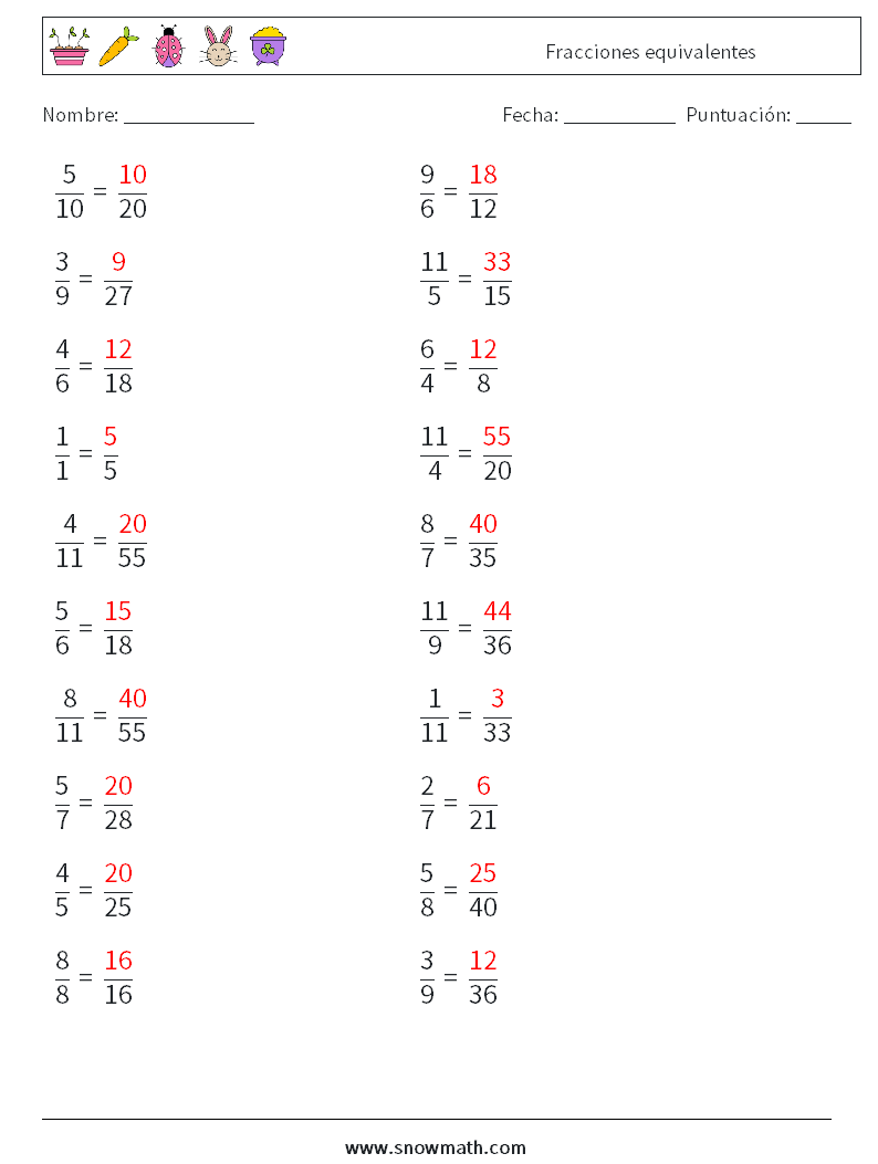 (20) Fracciones equivalentes Hojas de trabajo de matemáticas 8 Pregunta, respuesta