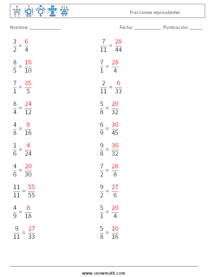 (20) Fracciones equivalentes Hojas de trabajo de matemáticas 9 Pregunta, respuesta
