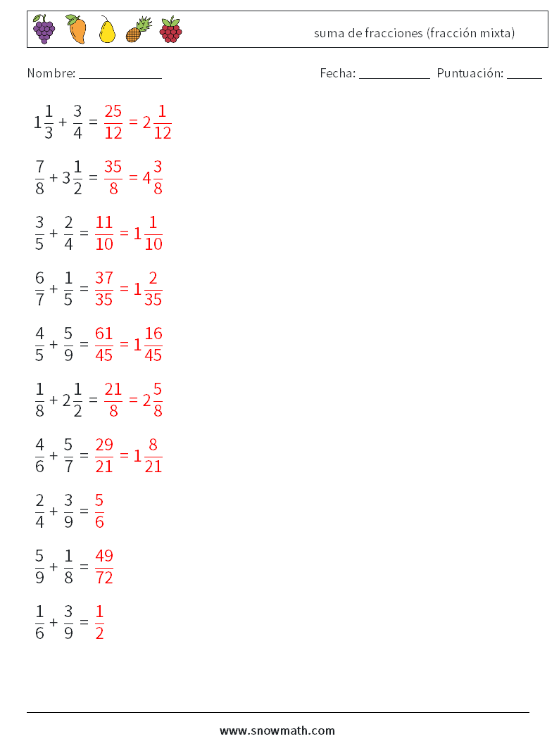 (10) suma de fracciones (fracción mixta) Hojas de trabajo de matemáticas 10 Pregunta, respuesta