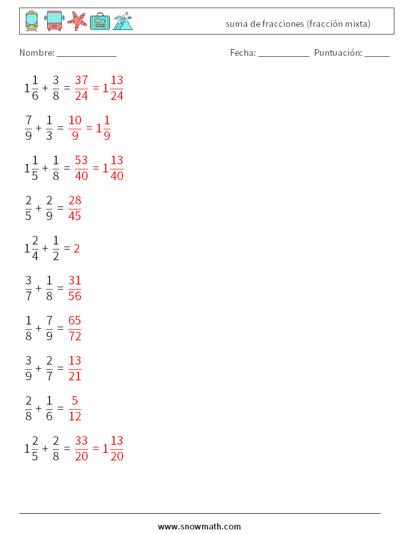 (10) suma de fracciones (fracción mixta) Hojas de trabajo de matemáticas 14 Pregunta, respuesta