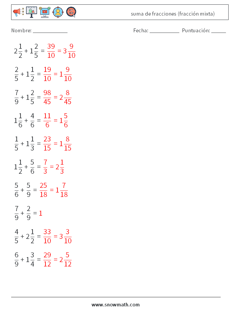 (10) suma de fracciones (fracción mixta) Hojas de trabajo de matemáticas 17 Pregunta, respuesta