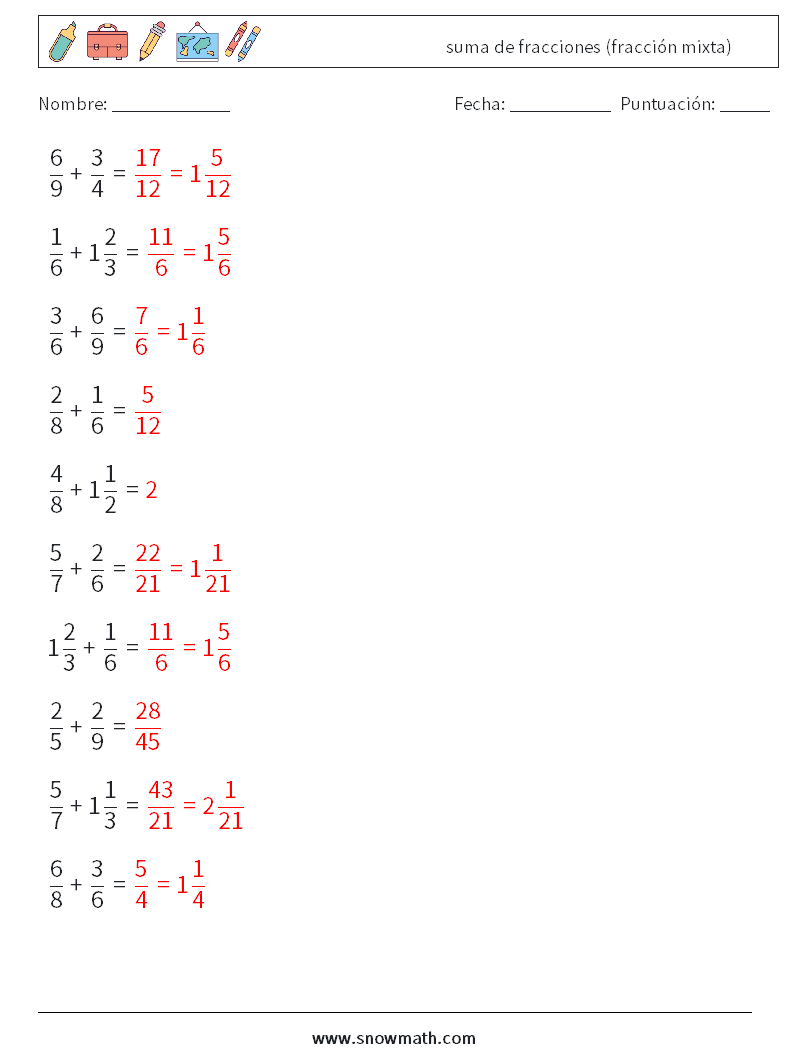 (10) suma de fracciones (fracción mixta) Hojas de trabajo de matemáticas 4 Pregunta, respuesta