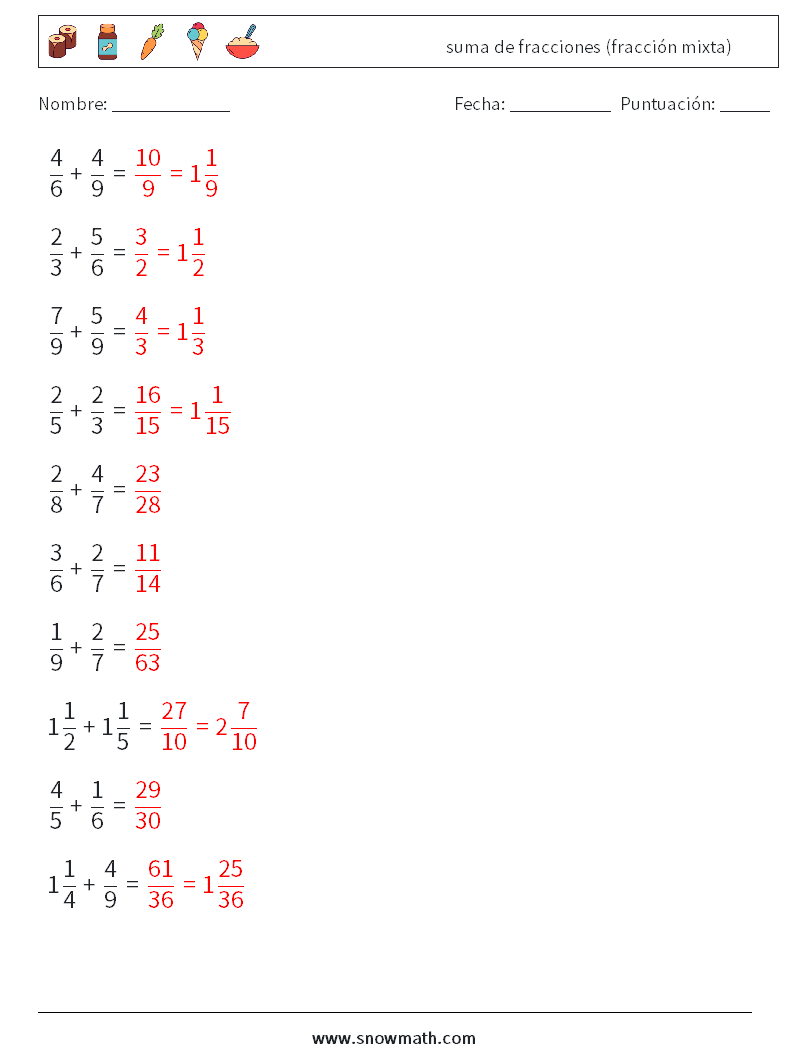 (10) suma de fracciones (fracción mixta) Hojas de trabajo de matemáticas 5 Pregunta, respuesta