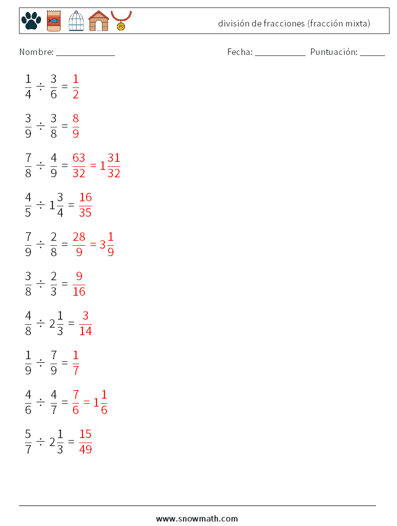 (10) división de fracciones (fracción mixta) Hojas de trabajo de matemáticas 11 Pregunta, respuesta