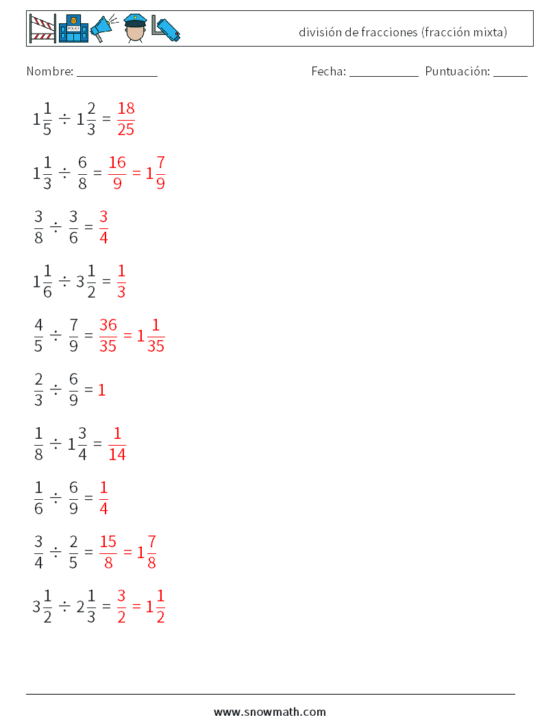 (10) división de fracciones (fracción mixta) Hojas de trabajo de matemáticas 13 Pregunta, respuesta