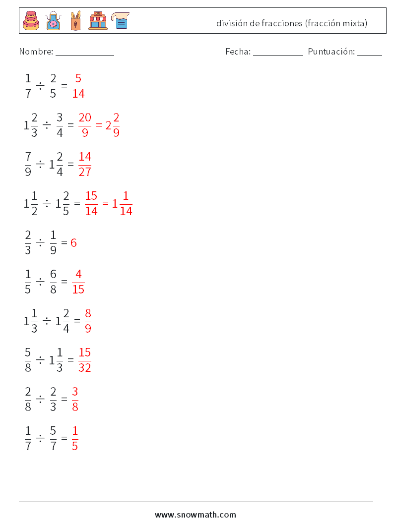 (10) división de fracciones (fracción mixta) Hojas de trabajo de matemáticas 15 Pregunta, respuesta