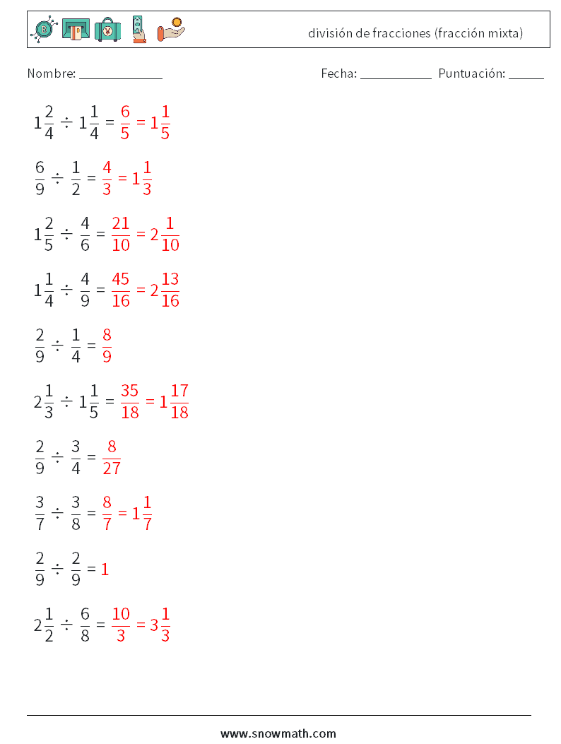 (10) división de fracciones (fracción mixta) Hojas de trabajo de matemáticas 18 Pregunta, respuesta