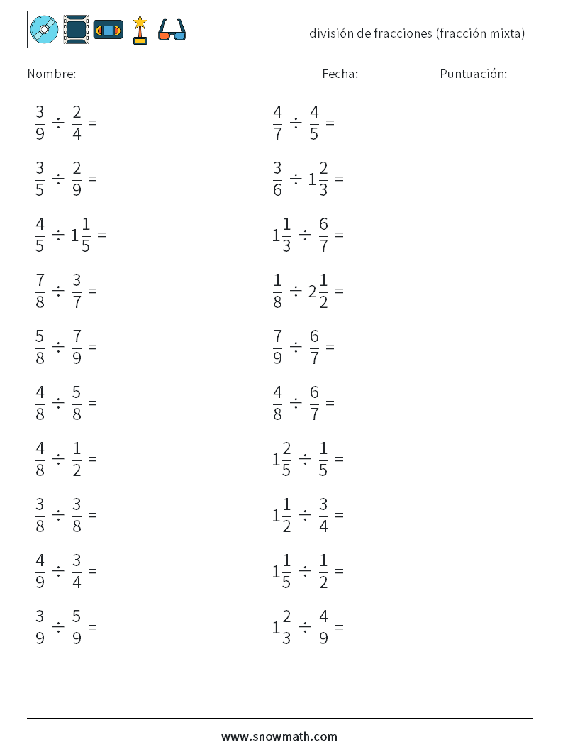(20) división de fracciones (fracción mixta) Hojas de trabajo de matemáticas 10