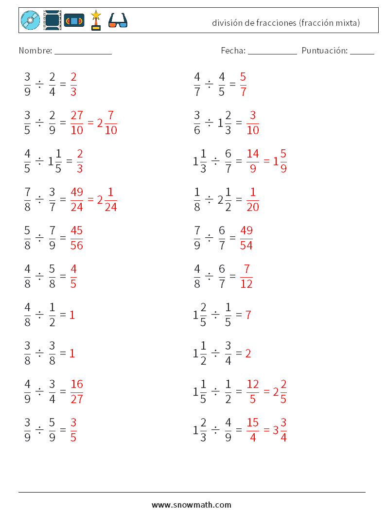 (20) división de fracciones (fracción mixta) Hojas de trabajo de matemáticas 10 Pregunta, respuesta