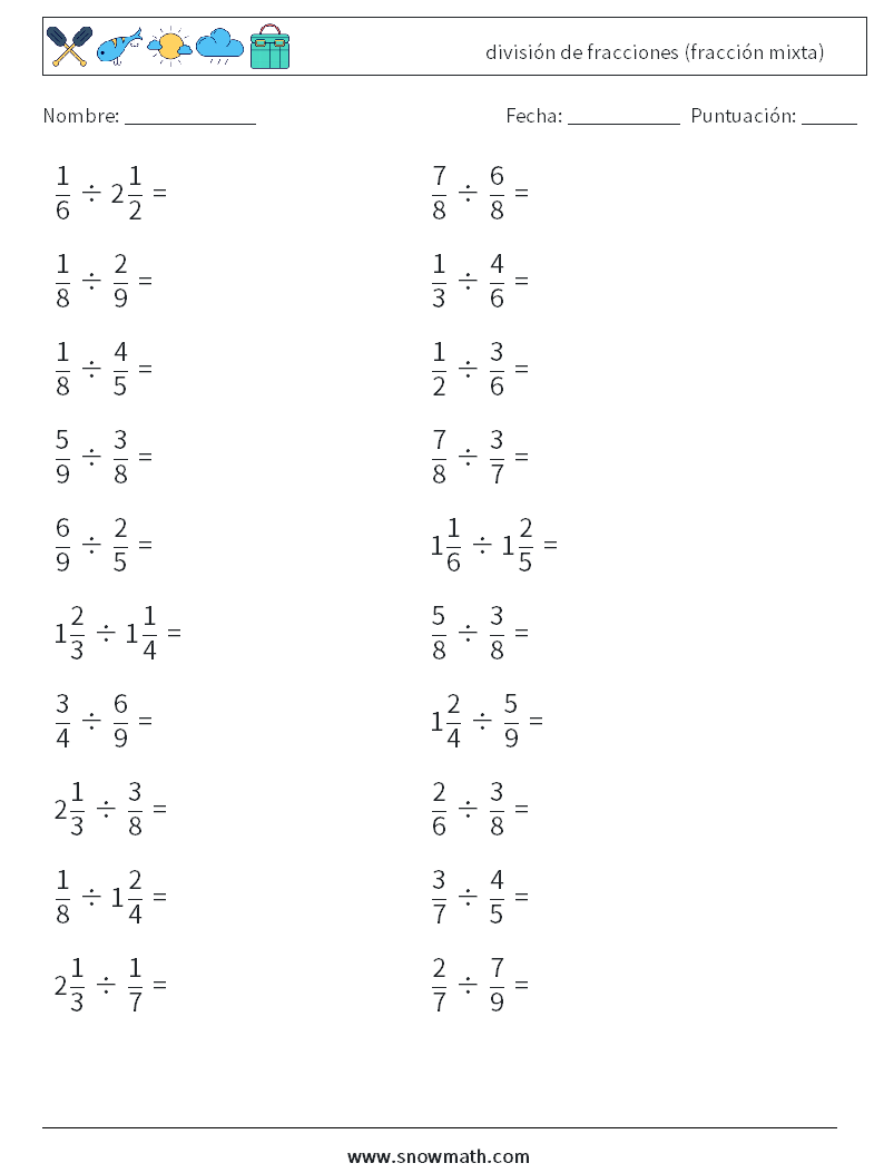 (20) división de fracciones (fracción mixta) Hojas de trabajo de matemáticas 11