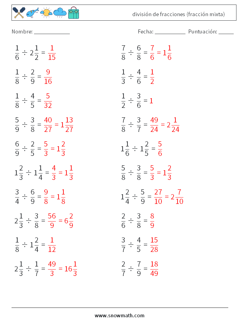 (20) división de fracciones (fracción mixta) Hojas de trabajo de matemáticas 11 Pregunta, respuesta