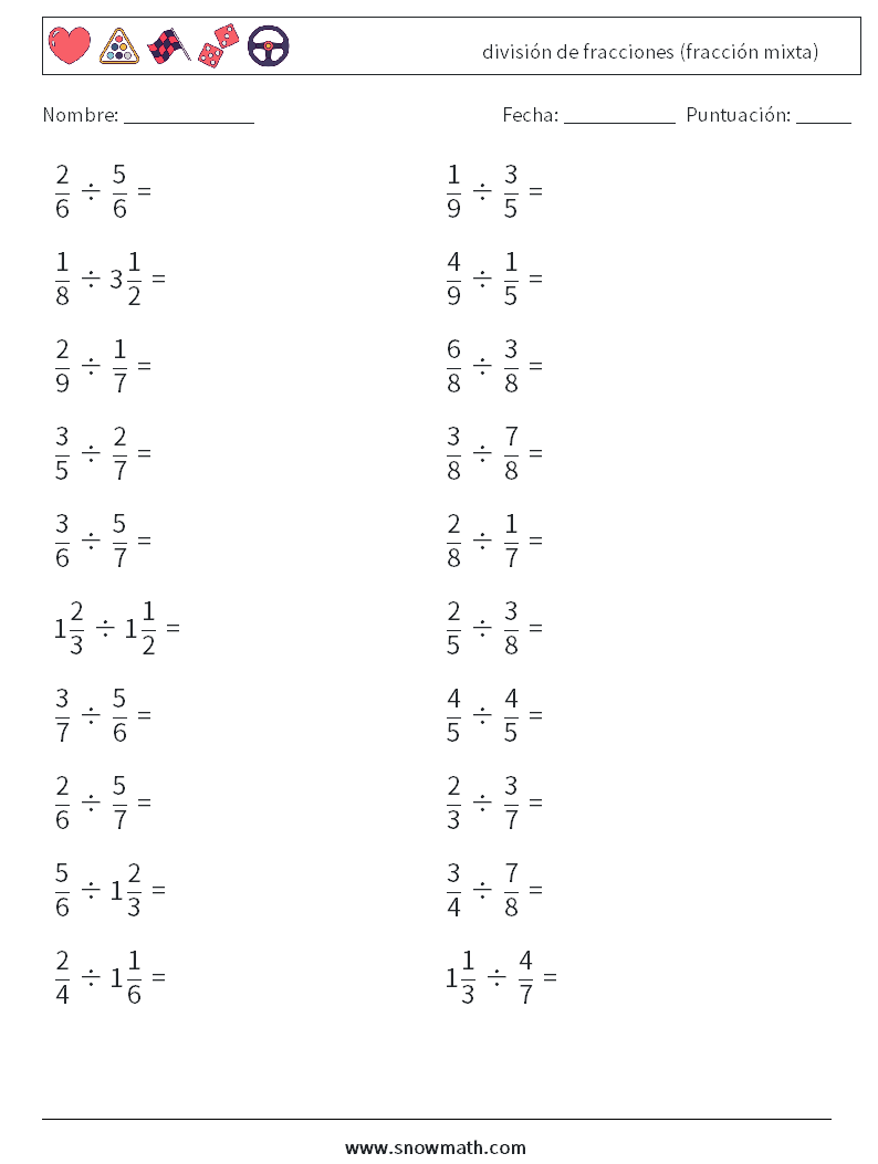 (20) división de fracciones (fracción mixta) Hojas de trabajo de matemáticas 12