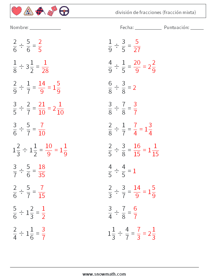 (20) división de fracciones (fracción mixta) Hojas de trabajo de matemáticas 12 Pregunta, respuesta