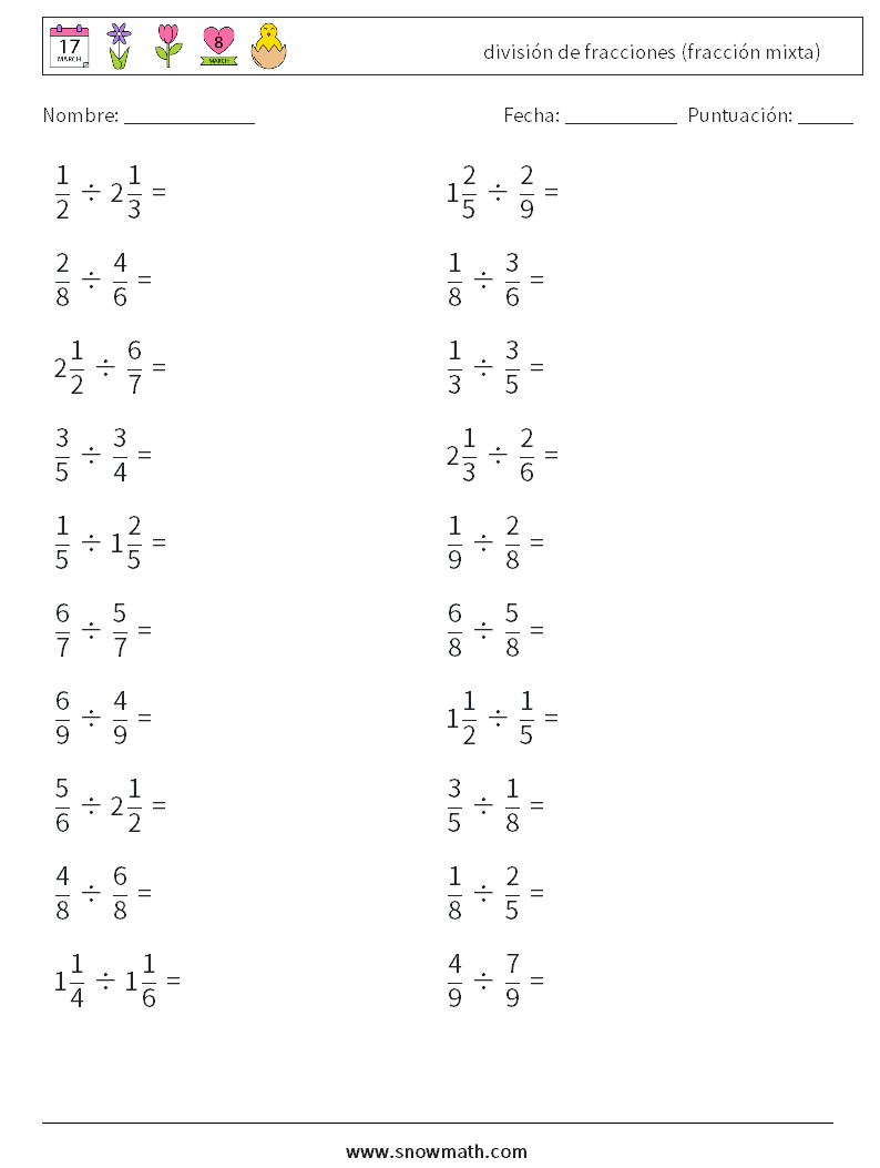 (20) división de fracciones (fracción mixta) Hojas de trabajo de matemáticas 13