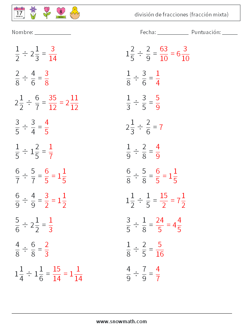(20) división de fracciones (fracción mixta) Hojas de trabajo de matemáticas 13 Pregunta, respuesta