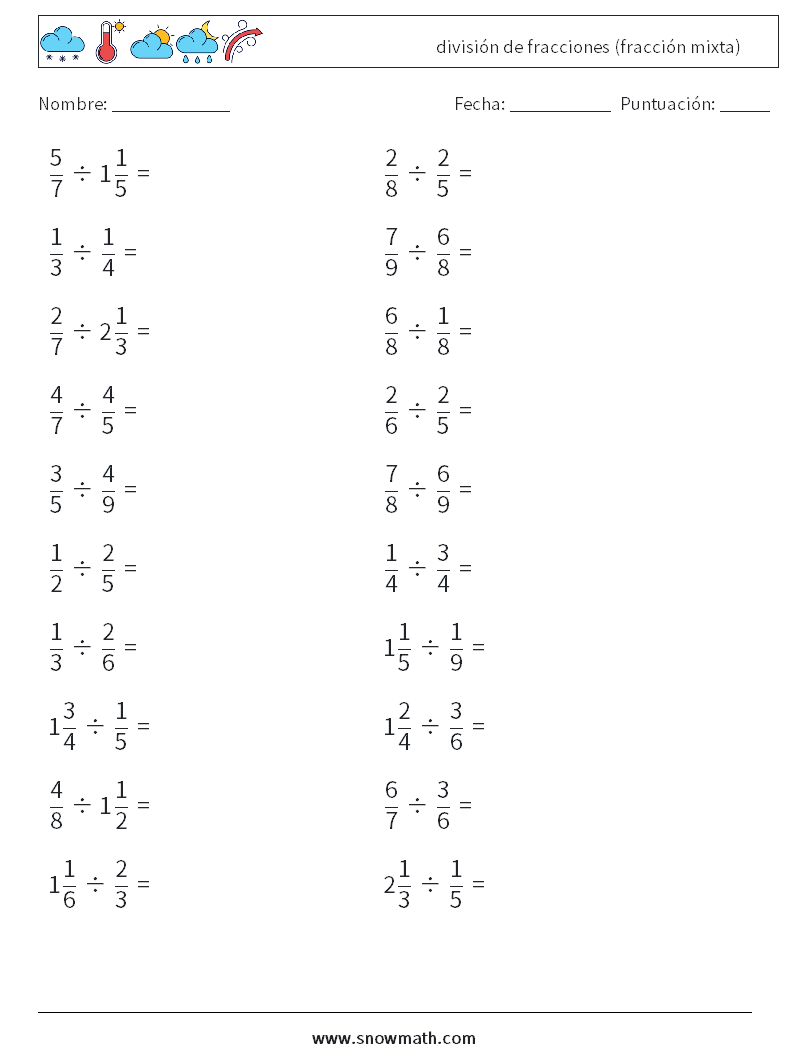 (20) división de fracciones (fracción mixta) Hojas de trabajo de matemáticas 14