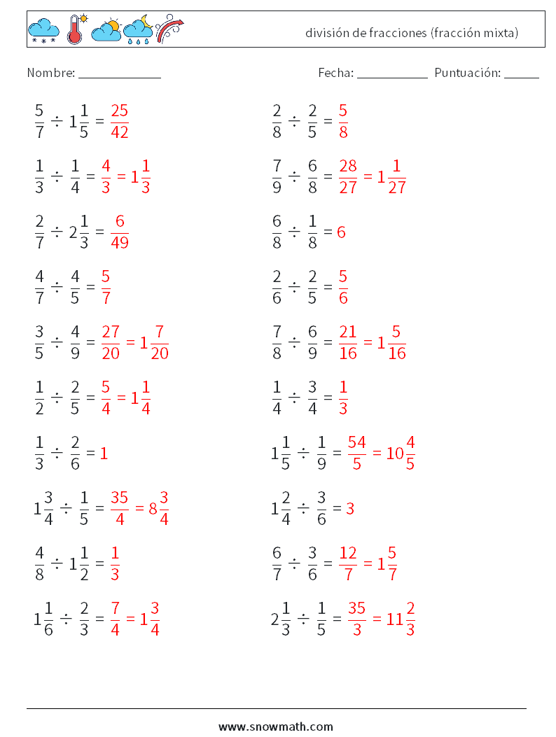 (20) división de fracciones (fracción mixta) Hojas de trabajo de matemáticas 14 Pregunta, respuesta