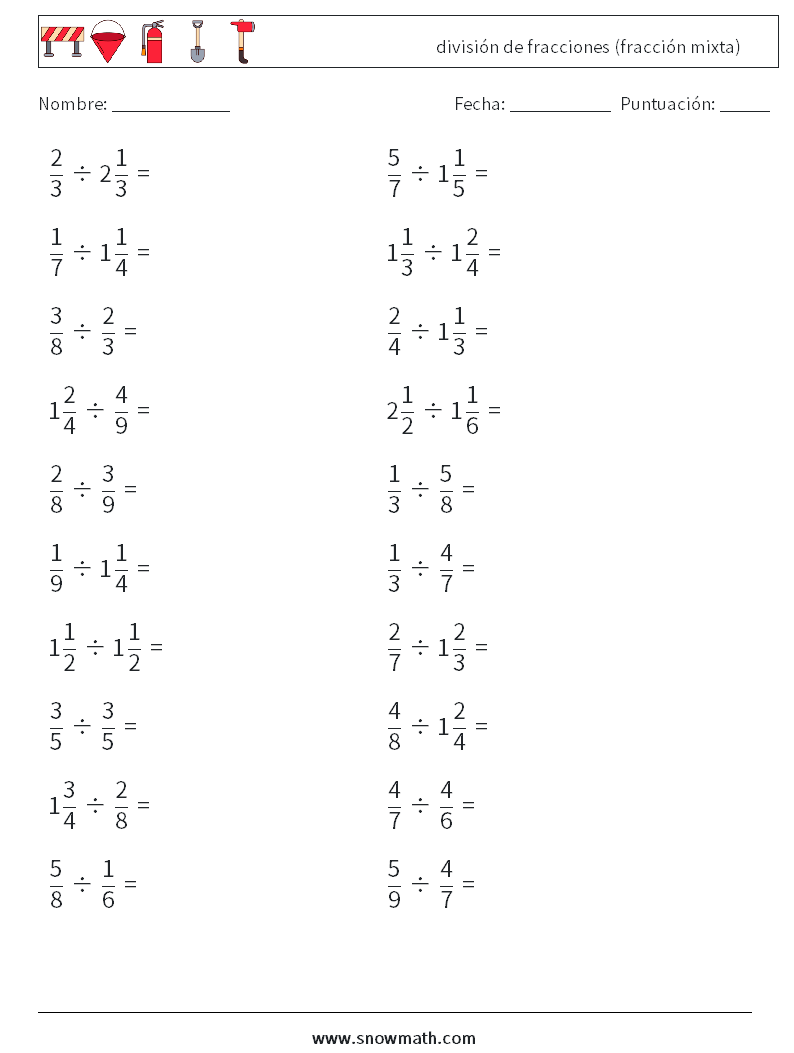 (20) división de fracciones (fracción mixta) Hojas de trabajo de matemáticas 15