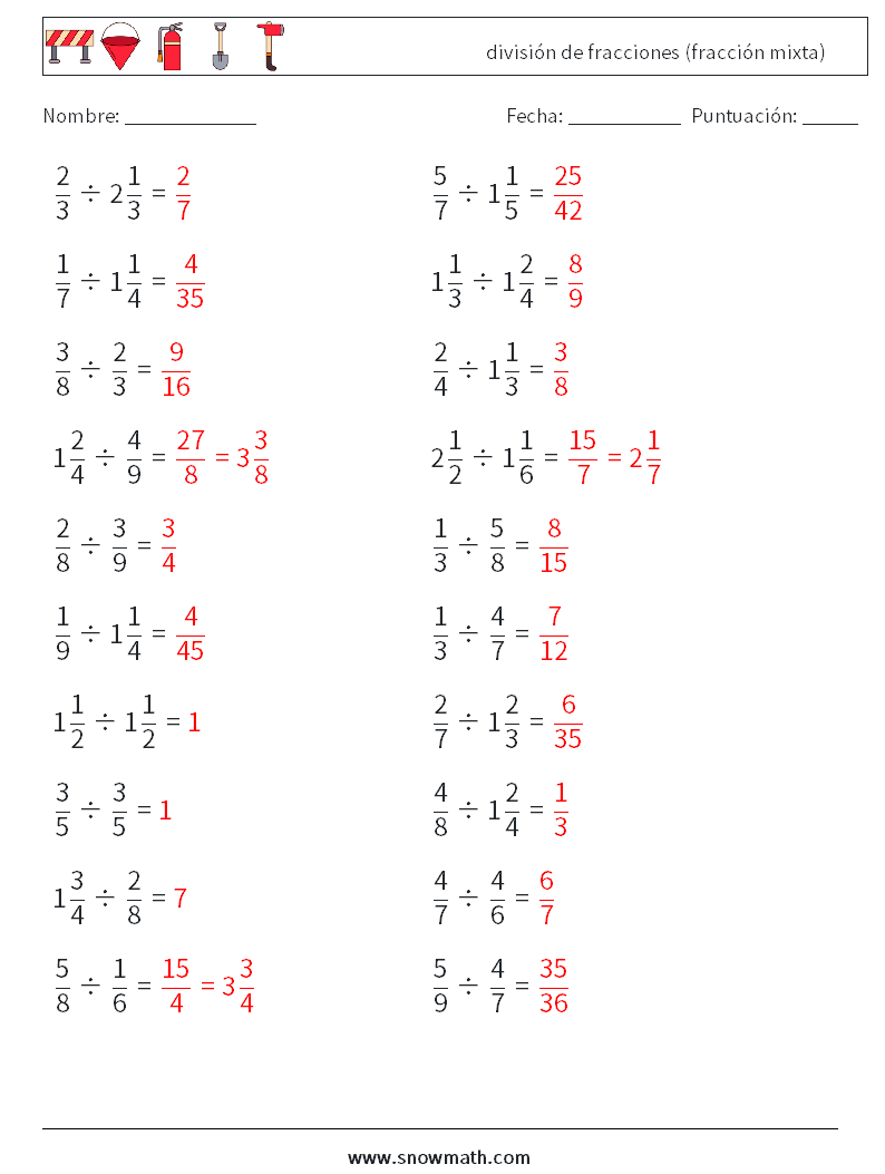 (20) división de fracciones (fracción mixta) Hojas de trabajo de matemáticas 15 Pregunta, respuesta