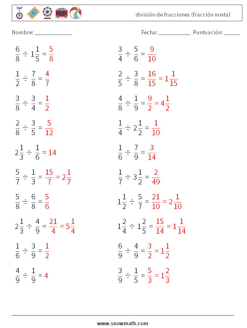(20) división de fracciones (fracción mixta) Hojas de trabajo de matemáticas 16 Pregunta, respuesta