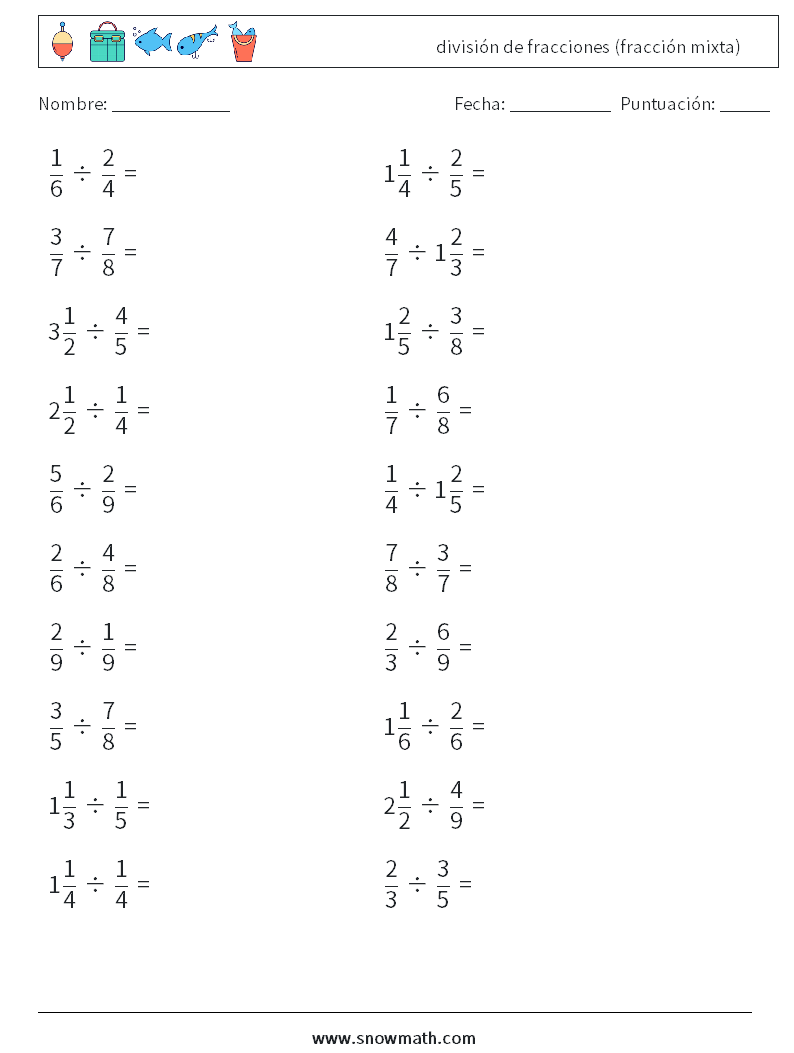 (20) división de fracciones (fracción mixta) Hojas de trabajo de matemáticas 17