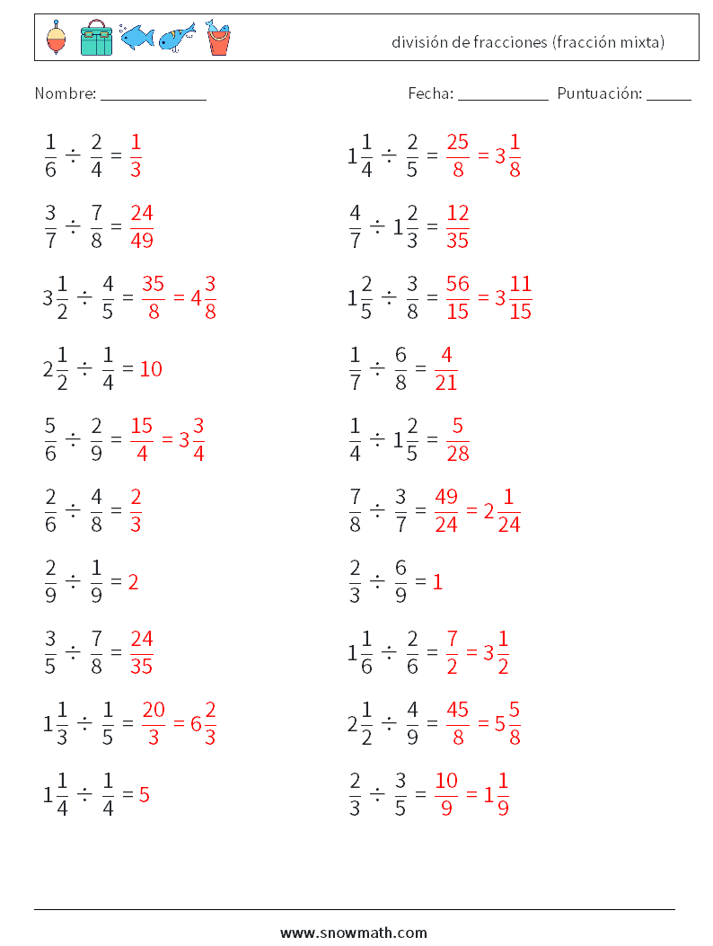 (20) división de fracciones (fracción mixta) Hojas de trabajo de matemáticas 17 Pregunta, respuesta