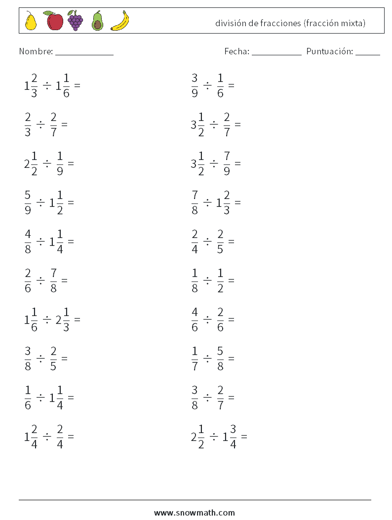 (20) división de fracciones (fracción mixta) Hojas de trabajo de matemáticas 18