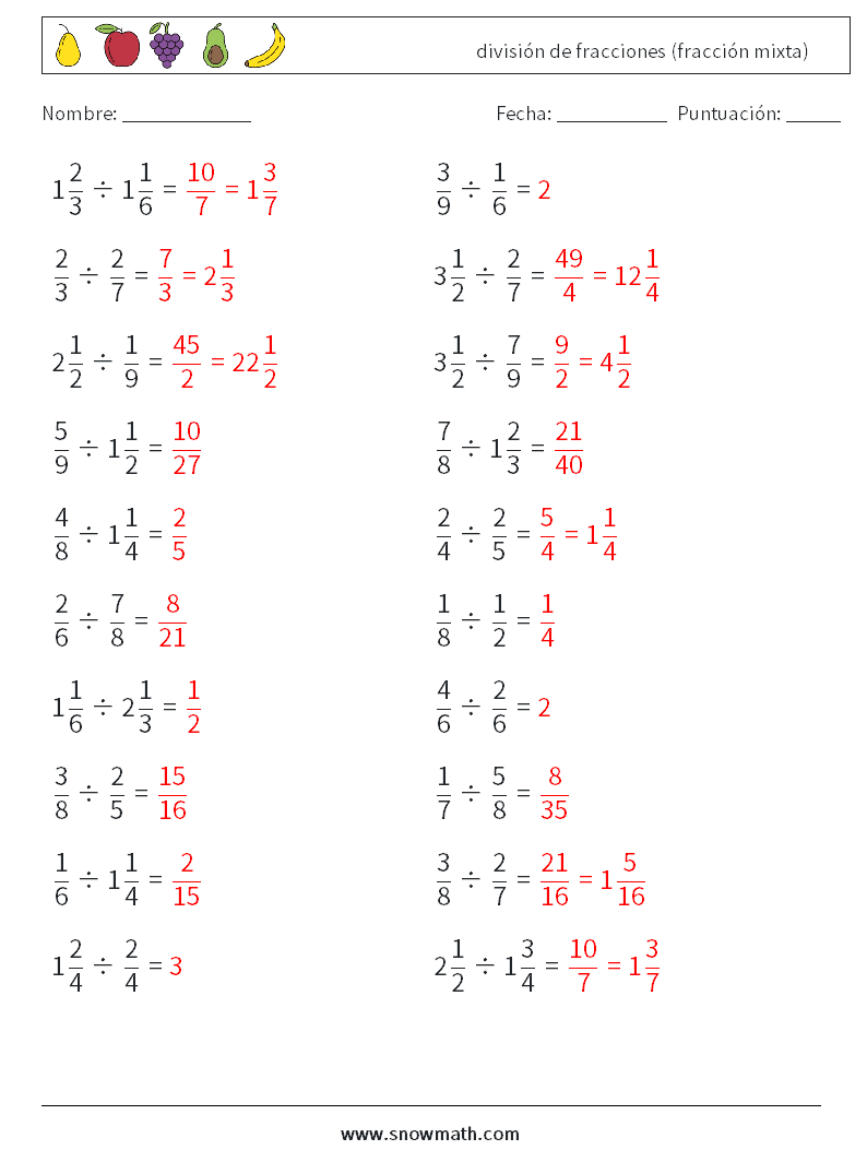 (20) división de fracciones (fracción mixta) Hojas de trabajo de matemáticas 18 Pregunta, respuesta
