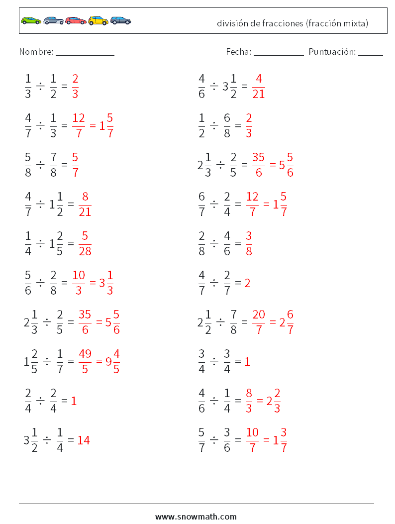 (20) división de fracciones (fracción mixta) Hojas de trabajo de matemáticas 1 Pregunta, respuesta