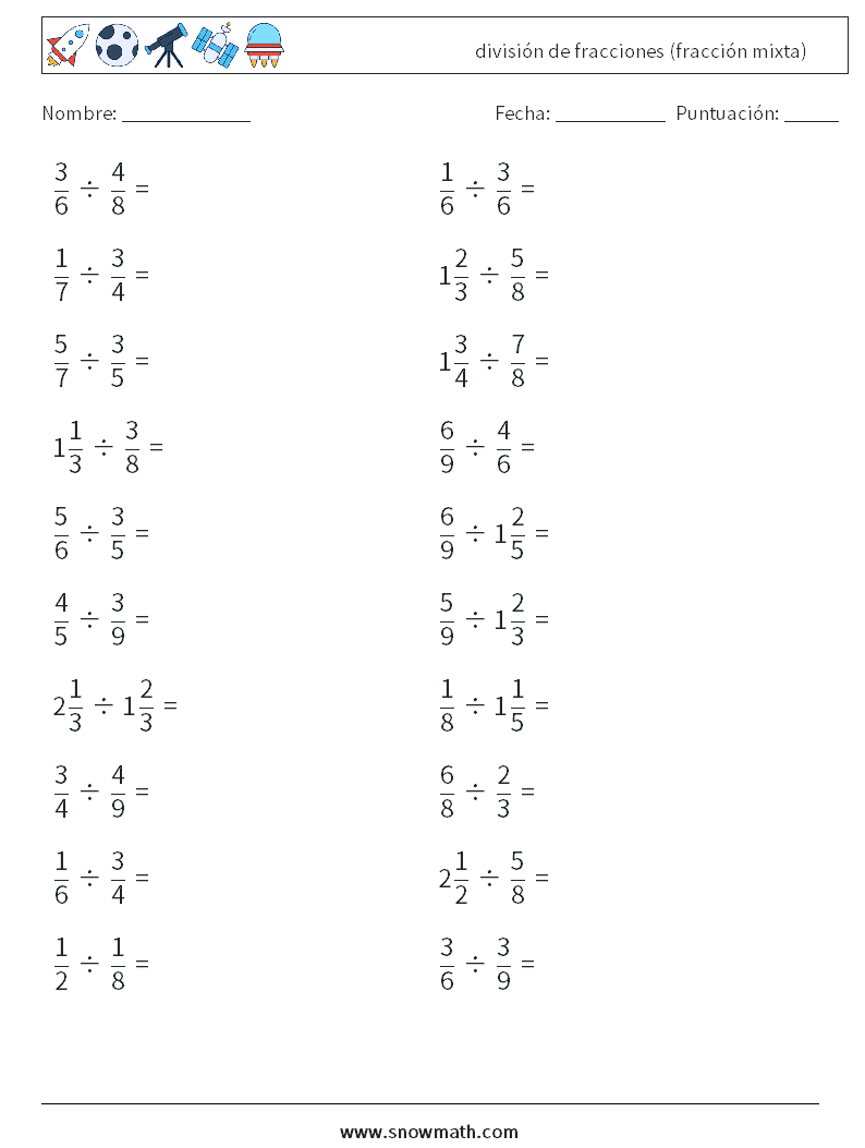 (20) división de fracciones (fracción mixta) Hojas de trabajo de matemáticas 2