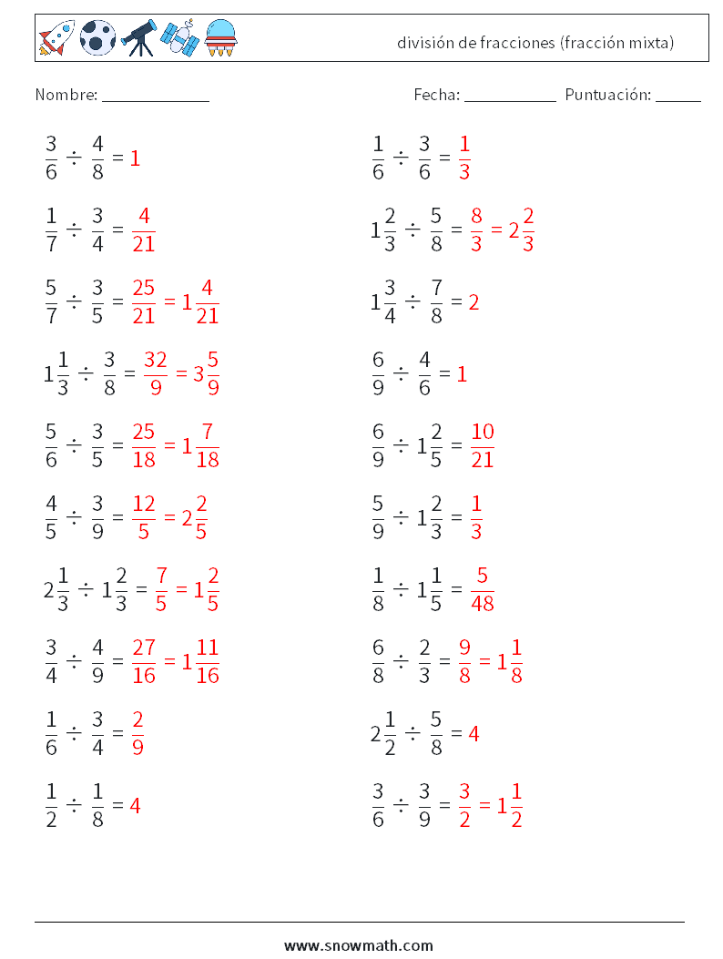 (20) división de fracciones (fracción mixta) Hojas de trabajo de matemáticas 2 Pregunta, respuesta