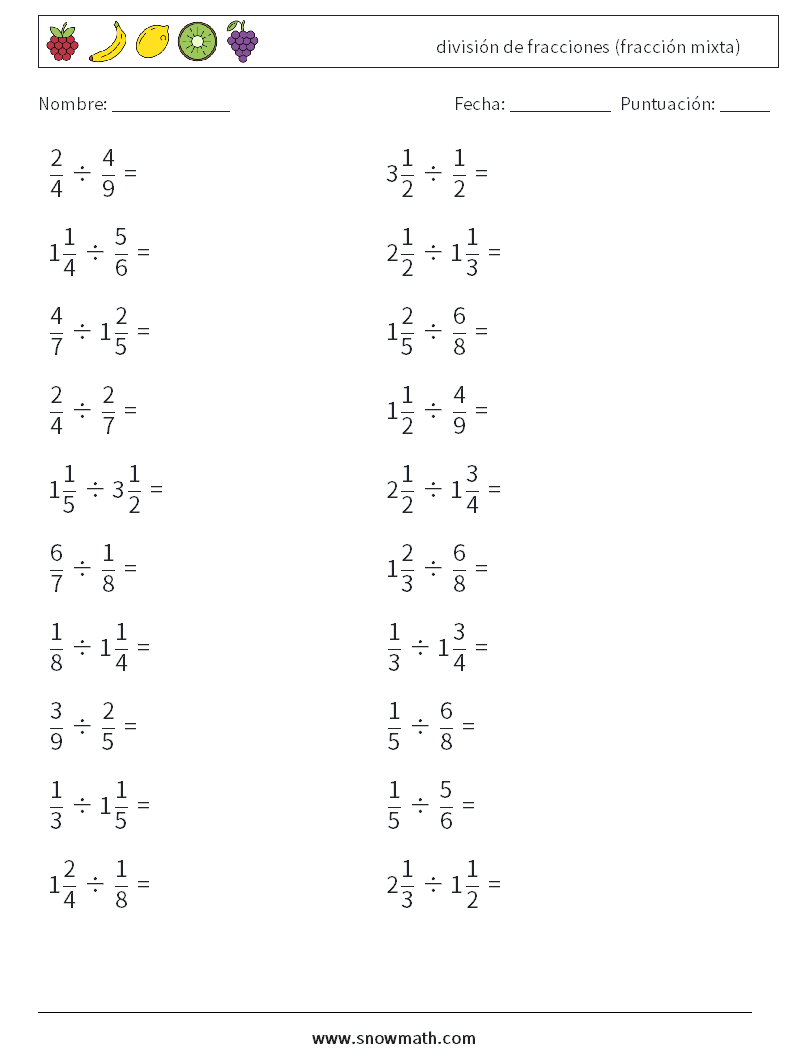 (20) división de fracciones (fracción mixta) Hojas de trabajo de matemáticas 3