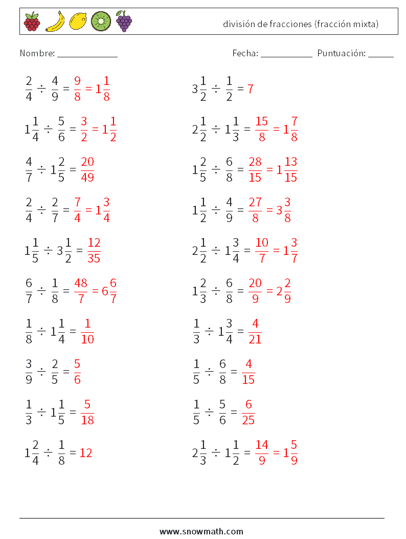 (20) división de fracciones (fracción mixta) Hojas de trabajo de matemáticas 3 Pregunta, respuesta