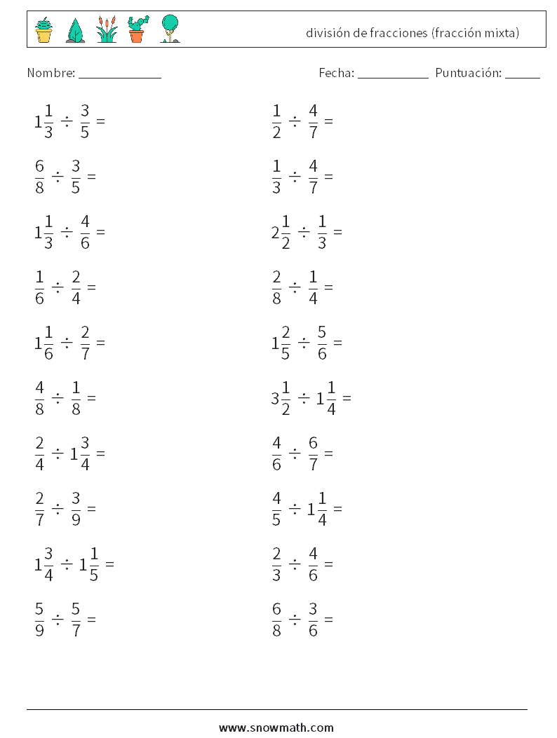(20) división de fracciones (fracción mixta) Hojas de trabajo de matemáticas 4