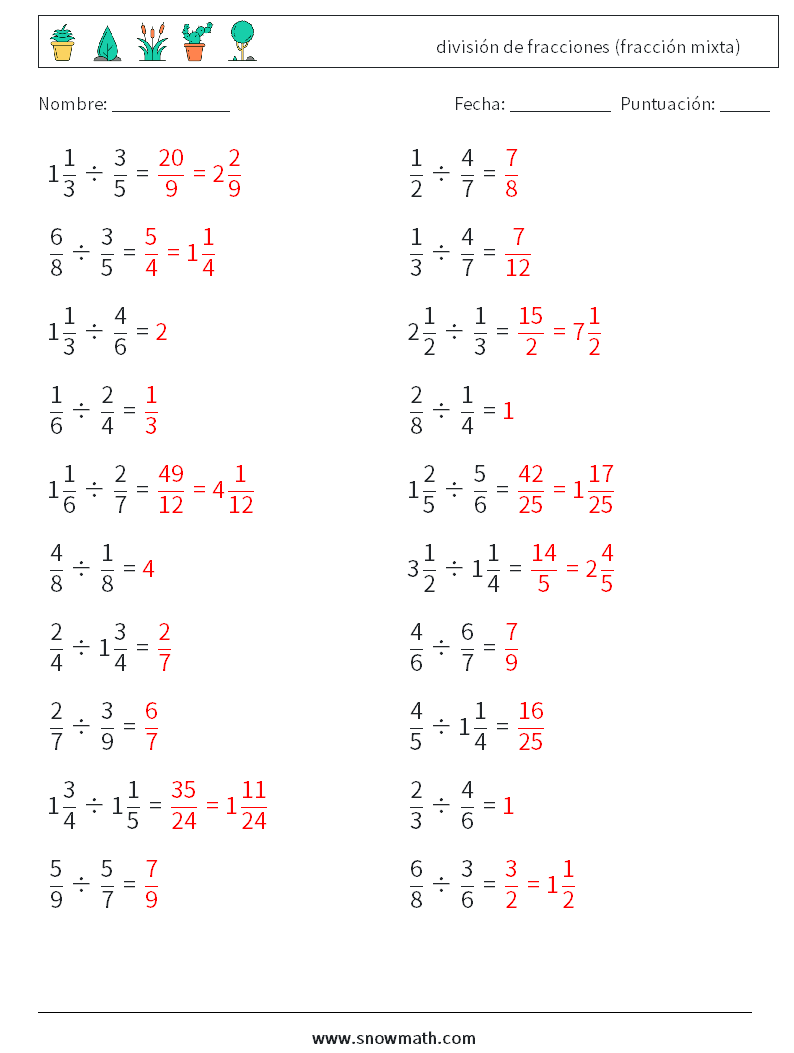 (20) división de fracciones (fracción mixta) Hojas de trabajo de matemáticas 4 Pregunta, respuesta