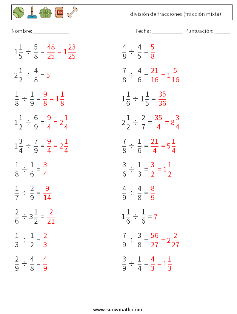 (20) división de fracciones (fracción mixta) Hojas de trabajo de matemáticas 5 Pregunta, respuesta