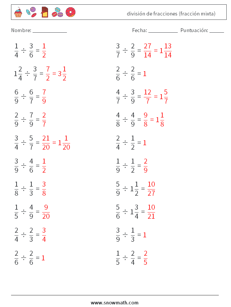 (20) división de fracciones (fracción mixta) Hojas de trabajo de matemáticas 6 Pregunta, respuesta