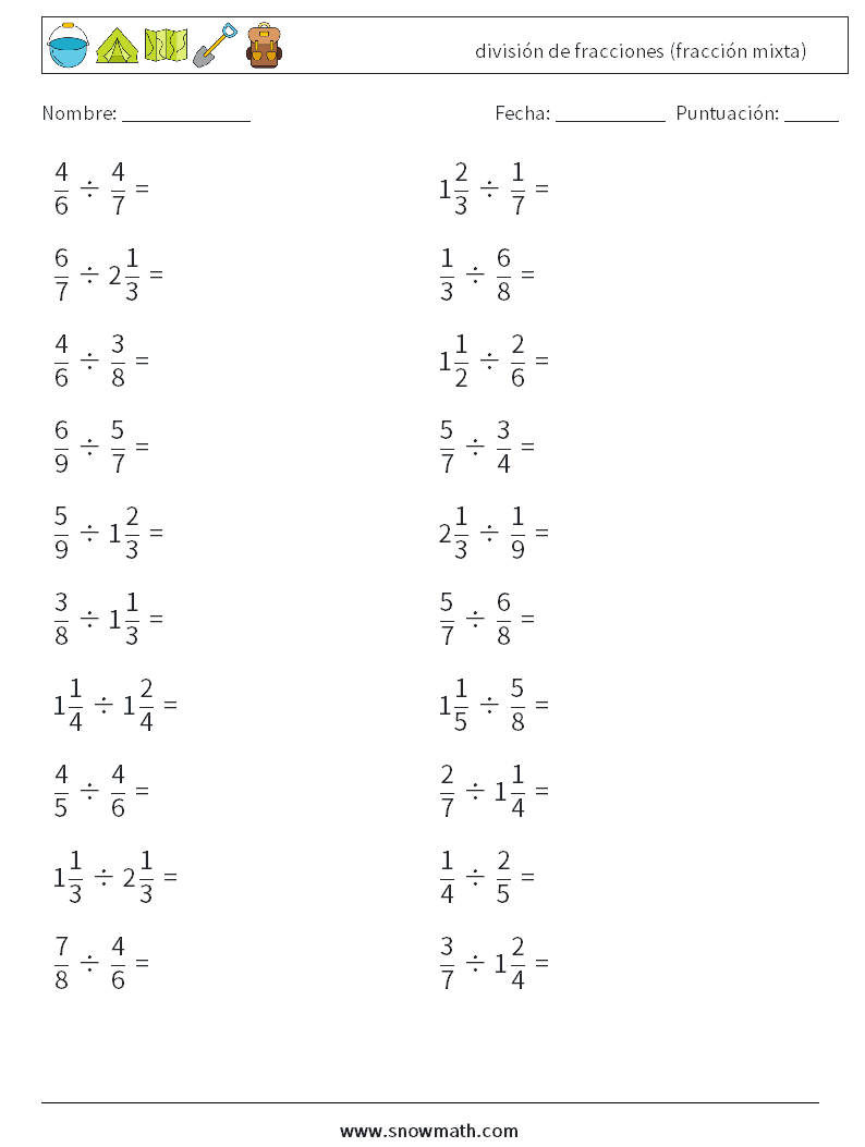 (20) división de fracciones (fracción mixta) Hojas de trabajo de matemáticas 7
