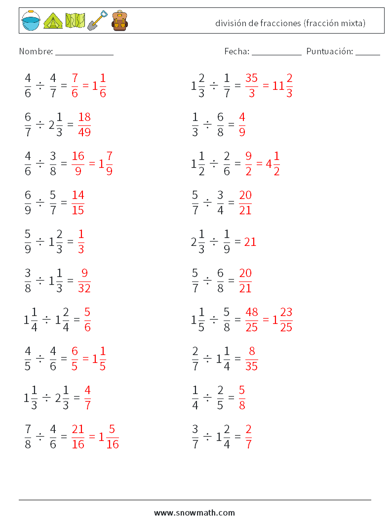 (20) división de fracciones (fracción mixta) Hojas de trabajo de matemáticas 7 Pregunta, respuesta