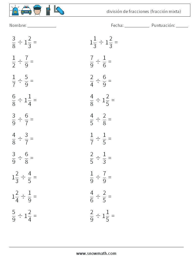 (20) división de fracciones (fracción mixta) Hojas de trabajo de matemáticas 8