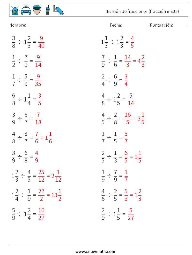 (20) división de fracciones (fracción mixta) Hojas de trabajo de matemáticas 8 Pregunta, respuesta