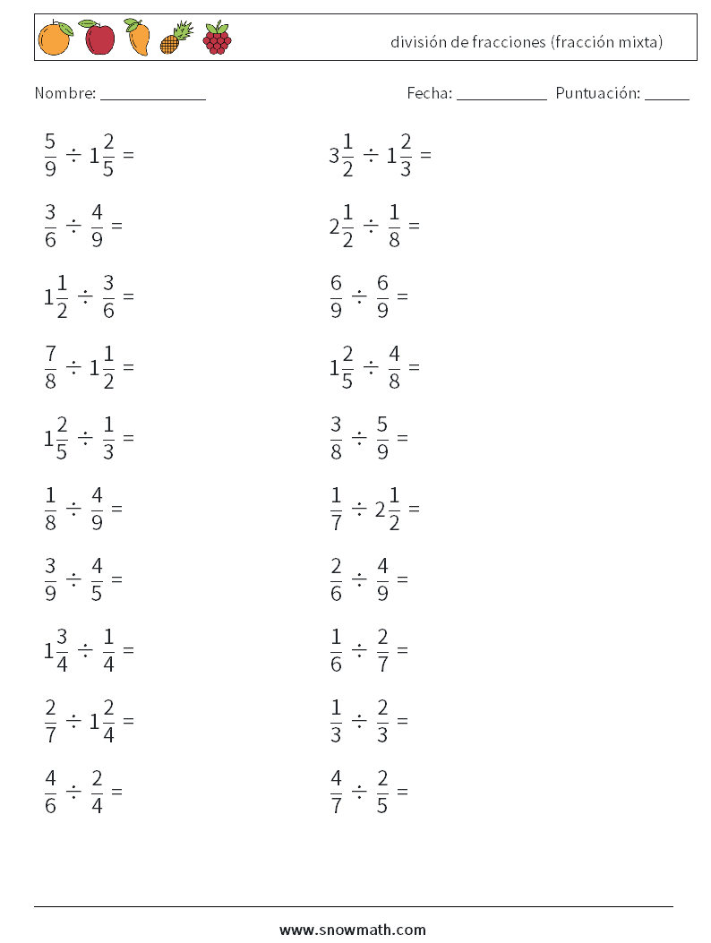 (20) división de fracciones (fracción mixta) Hojas de trabajo de matemáticas 9
