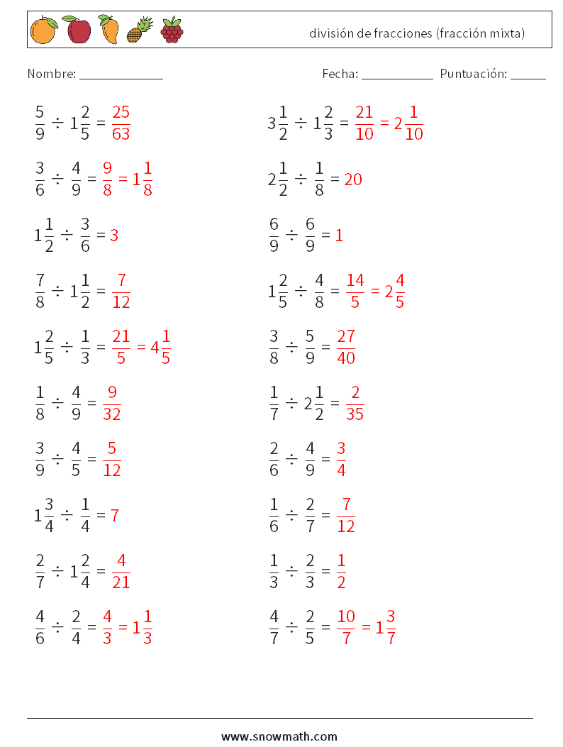 (20) división de fracciones (fracción mixta) Hojas de trabajo de matemáticas 9 Pregunta, respuesta