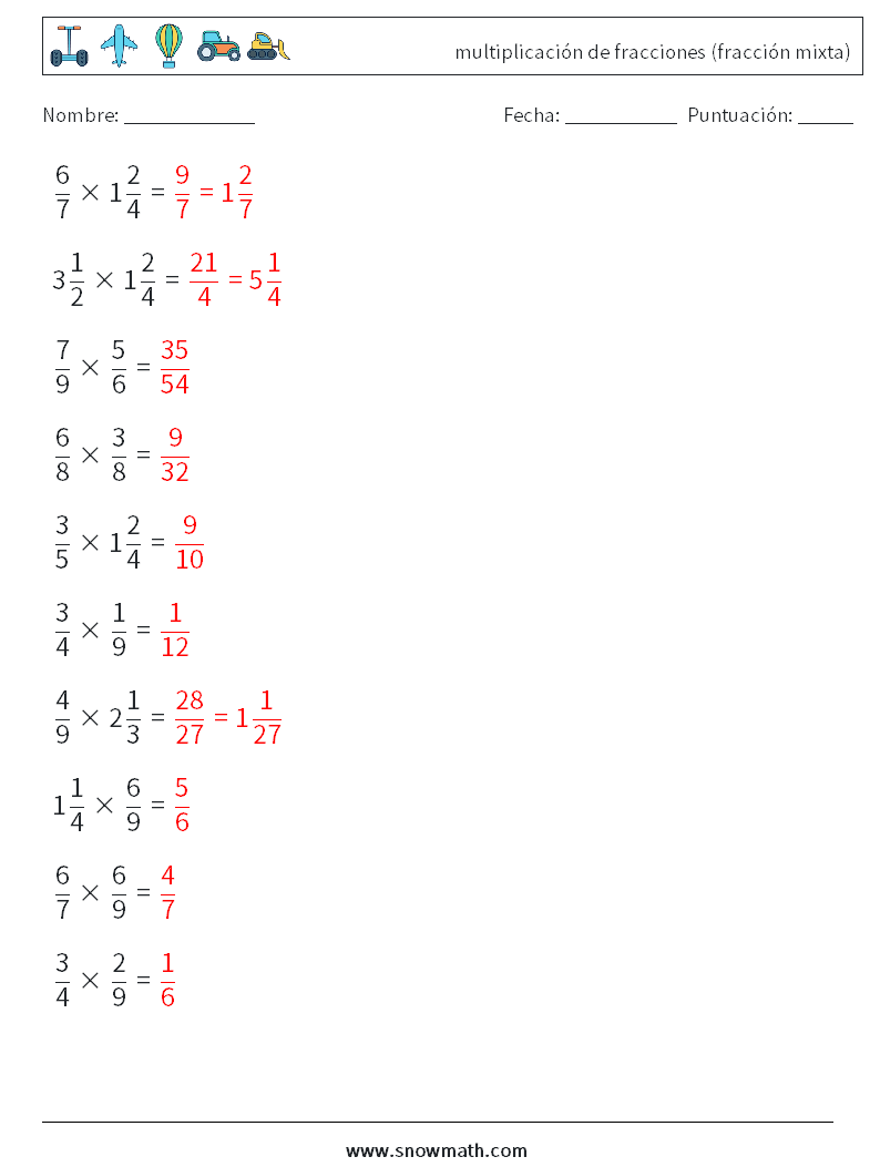(10) multiplicación de fracciones (fracción mixta) Hojas de trabajo de matemáticas 12 Pregunta, respuesta