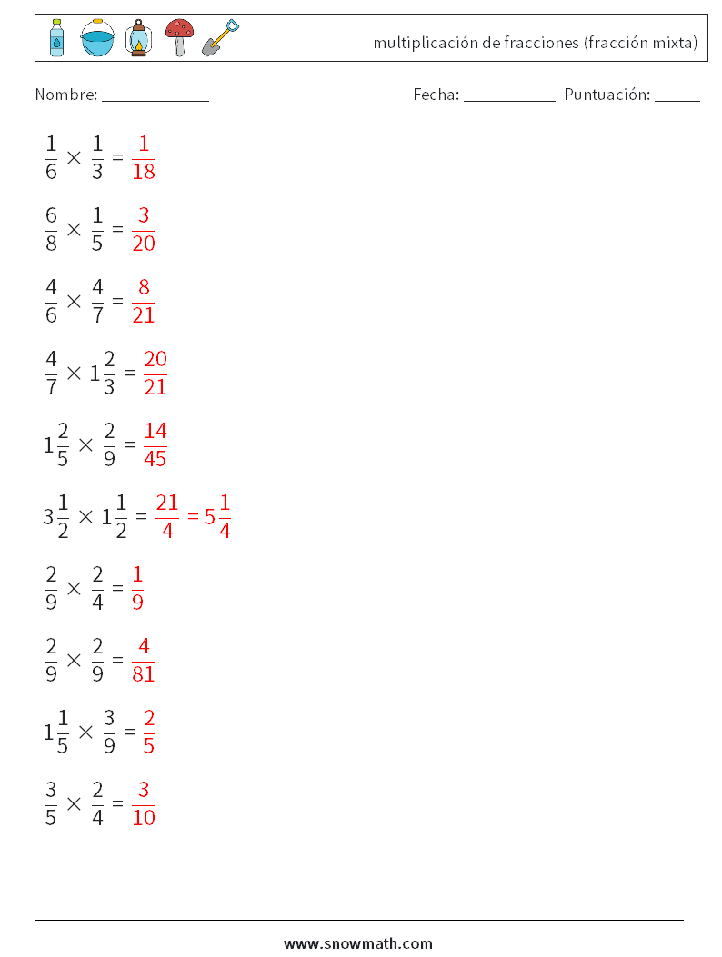 (10) multiplicación de fracciones (fracción mixta) Hojas de trabajo de matemáticas 15 Pregunta, respuesta