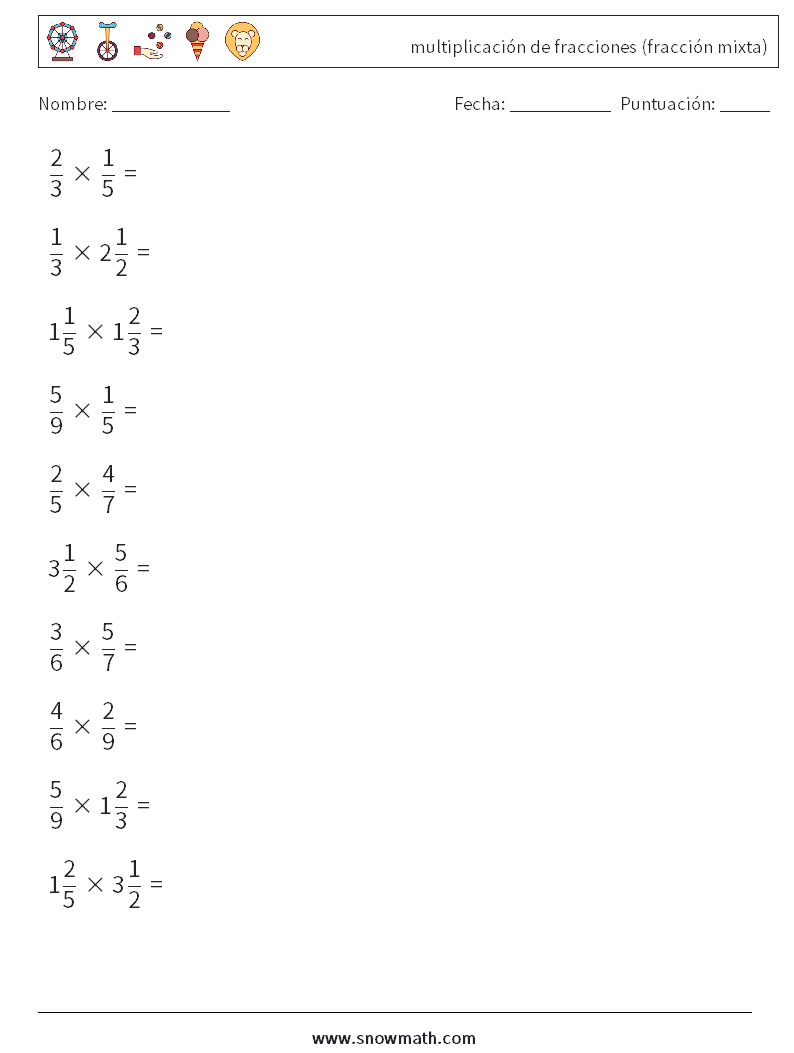 (10) multiplicación de fracciones (fracción mixta) Hojas de trabajo de matemáticas 17