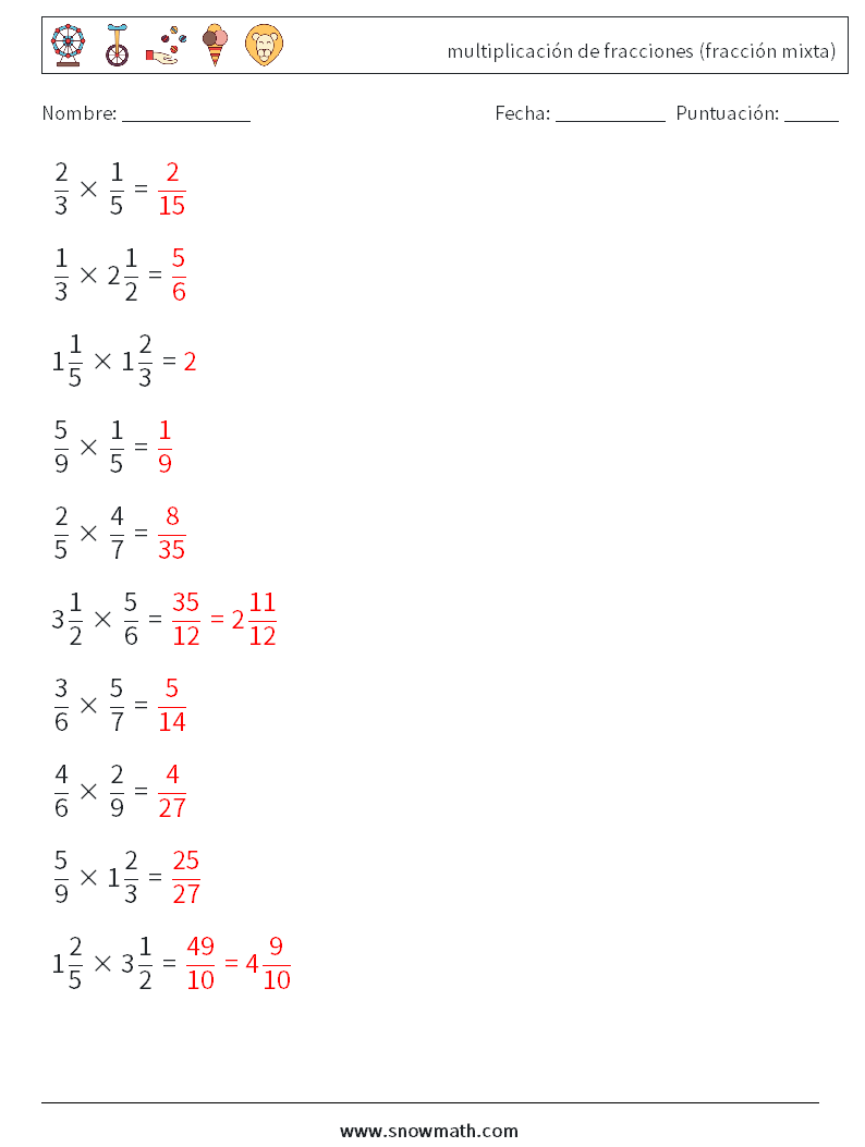 (10) multiplicación de fracciones (fracción mixta) Hojas de trabajo de matemáticas 17 Pregunta, respuesta