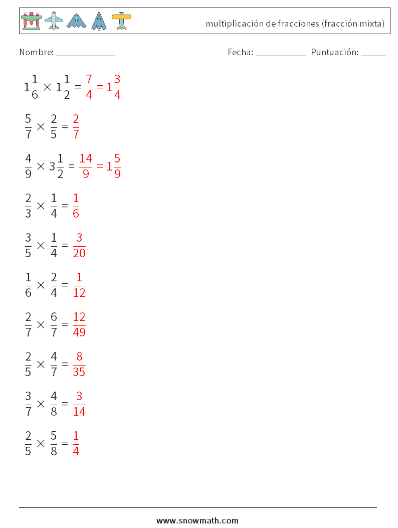 (10) multiplicación de fracciones (fracción mixta) Hojas de trabajo de matemáticas 1 Pregunta, respuesta